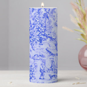 French Blue White Toile Chinoiserie Rustic Style Pillar Candle