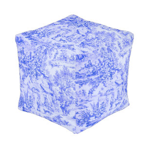 French Blue White Toile Chinoiserie Rustic Style  Pouf
