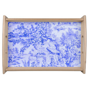 French Blue White Toile Chinoiserie Rustic Style Serving Tray