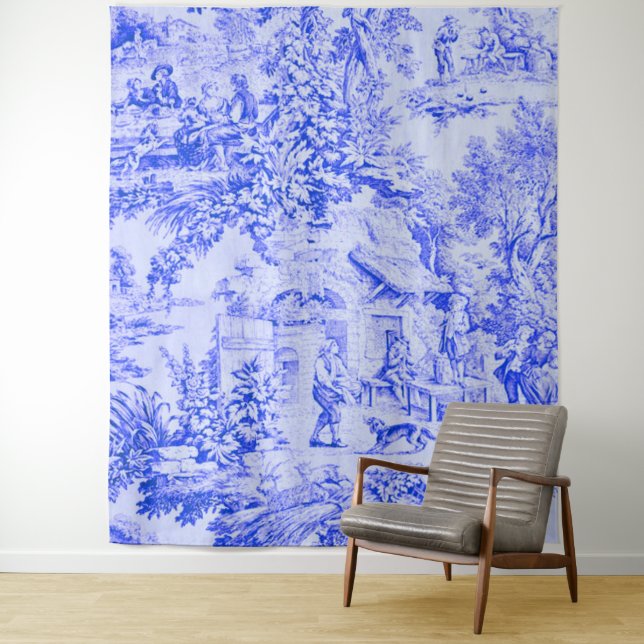 French Blue White Toile Chinoiserie Rustic Style  Tapestry (In Situ)