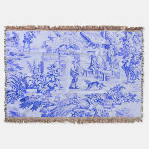 French Blue White Toile Chinoiserie Rustic Style Throw Blanket