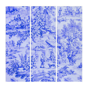 French Blue White Toile Chinoiserie Rustic Style  Triptych