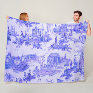 French Blue White Toile Chinoiserie Style Rustic  Fleece Blanket