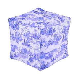 French Blue White Toile Chinoiserie Style Rustic Pouf