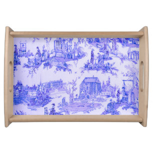French Blue White Toile Chinoiserie Style Rustic Serving Tray