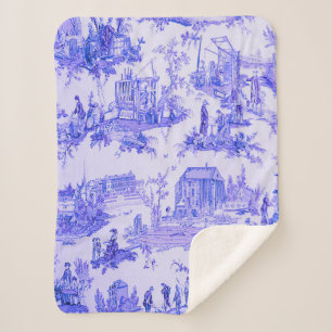 French Blue White Toile Chinoiserie Style Rustic Sherpa Blanket