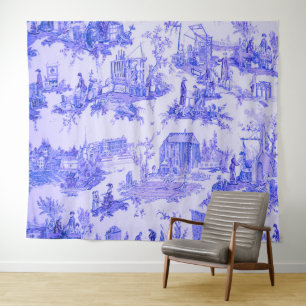 French Blue White Toile Chinoiserie Style Rustic Tapestry
