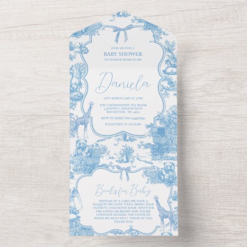 French Blue White Toile de Jouy Bear Baby Shower All In One Invitation