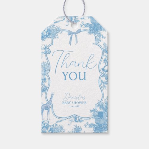 French Blue White Toile de Jouy Bear Baby Shower Gift Tags