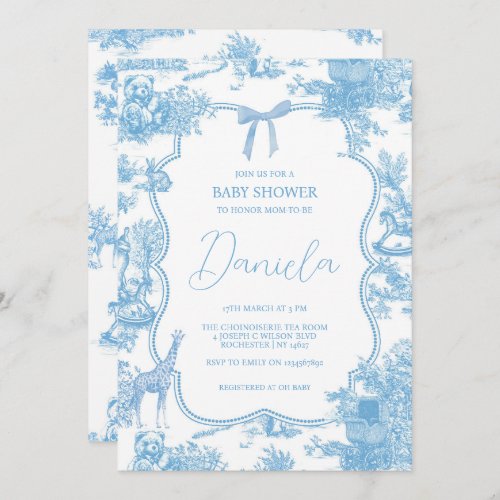 French Blue White Toile de Jouy Bear Baby Shower Invitation