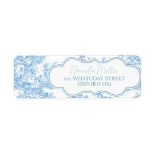 French Blue White Toile de Jouy Bear Baby Shower Label