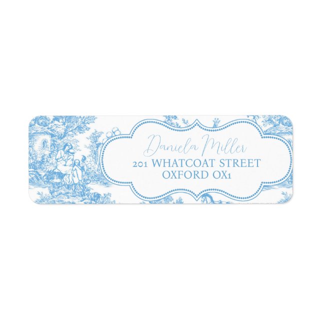 French Blue White Toile de Jouy Bear Baby Shower Label (Front)