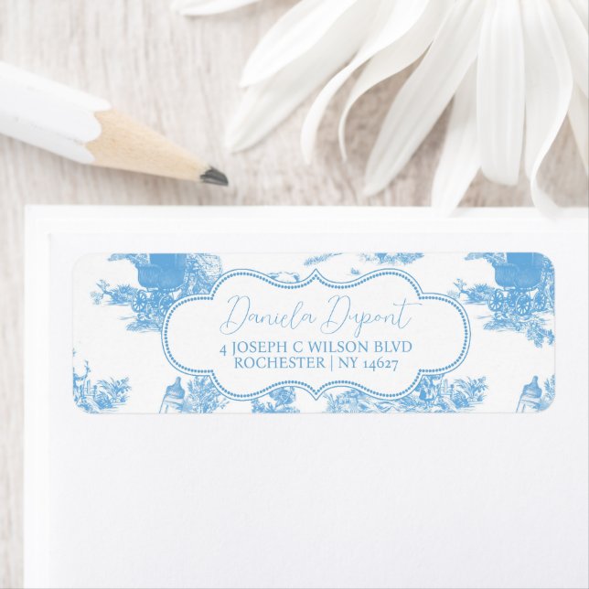 French Blue White Toile de Jouy Bear Baby Shower Label (Insitu)