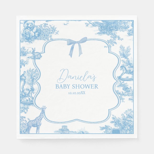 French Blue White Toile de Jouy Bear Baby Shower Napkins (Front)