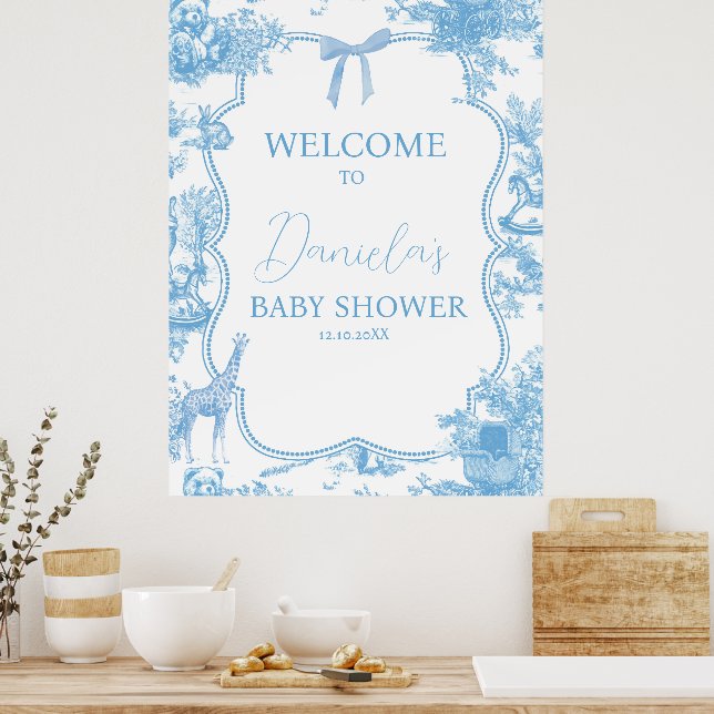 French Blue White Toile de Jouy Bear Baby Welcome Poster (Kitchen)