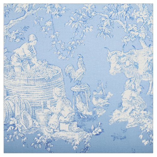 French Blue  White Toile Print Fabric 