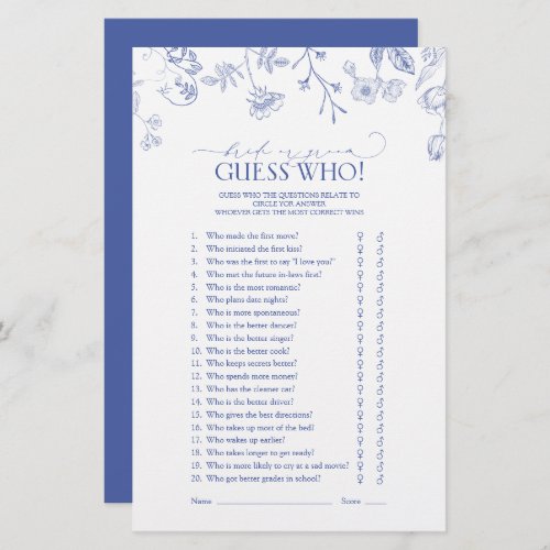 French Blue  White Victorian Bridal Shower Game