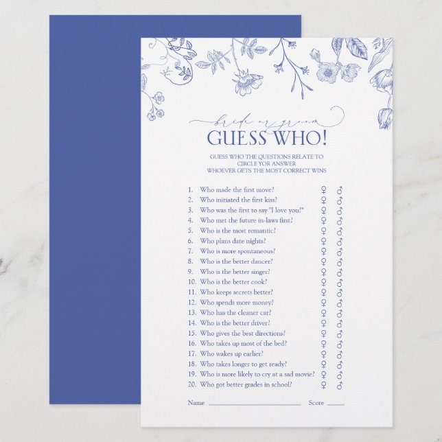 French Blue & White Victorian Bridal Shower Game (Front/Back)