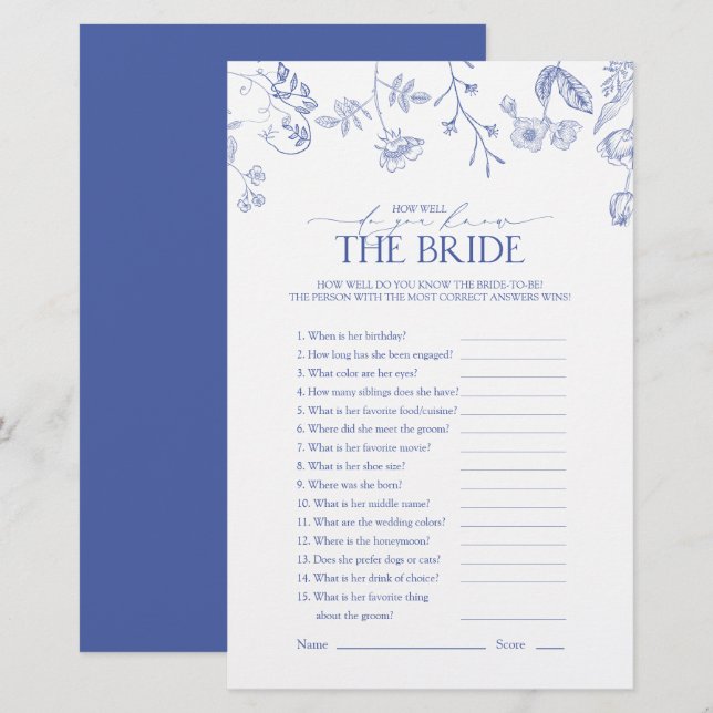 French Blue & White Victorian Bridal Shower Game (Front/Back)