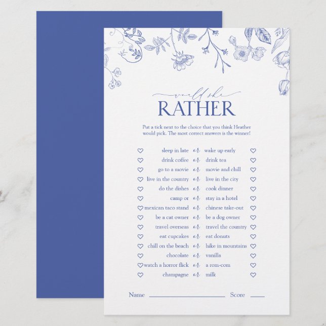 French Blue & White Victorian Bridal Shower Game (Front/Back)