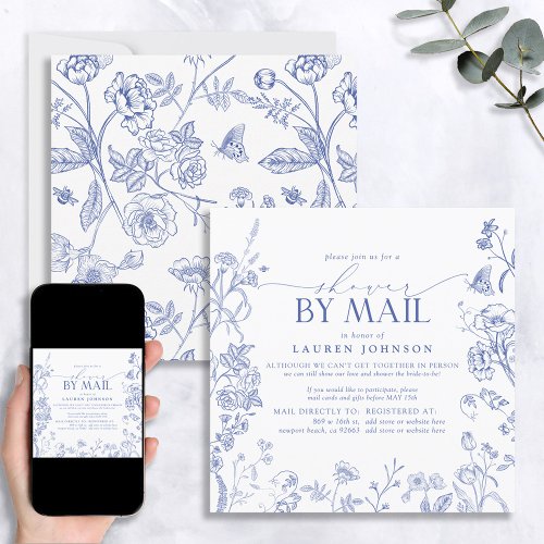 French Blue  White Victorian Bridal Shower Mail Invitation