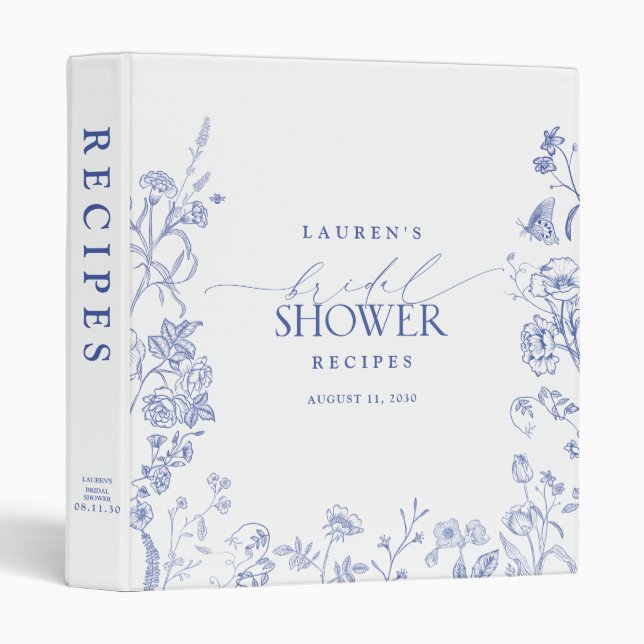 French Blue & White Victorian Bridal Shower Recipe 3 Ring Binder (Front/Spine)