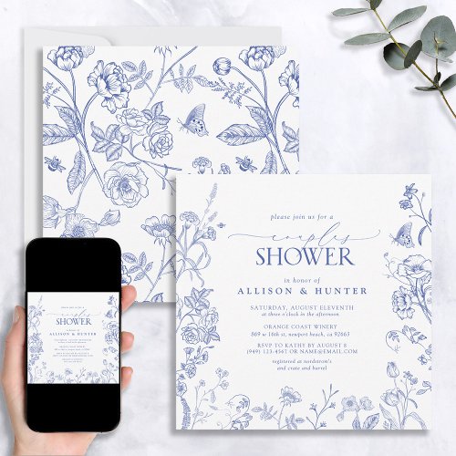 French Blue  White Victorian Couples Shower Invitation