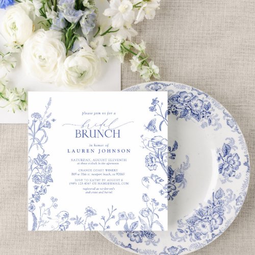 French Blue  White Victorian Floral Bridal Brunch Invitation