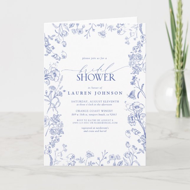 French Blue & White Victorian Floral Bridal Shower Card (Front)
