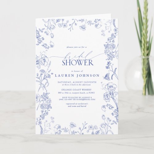 French Blue  White Victorian Floral Bridal Shower Card