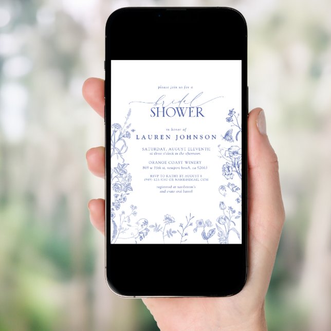 French Blue & White Victorian Floral Bridal Shower Invitation (Front Digital)