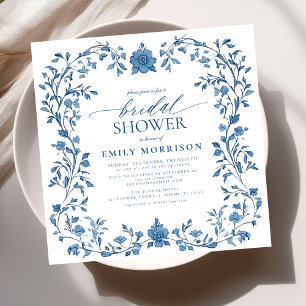 French Blue & White Victorian Floral Bridal Shower Invitation