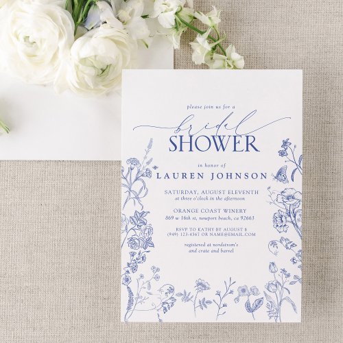 French Blue  White Victorian Floral Bridal Shower Invitation