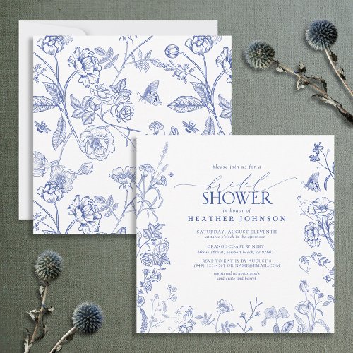 French Blue  White Victorian Floral Bridal Shower Invitation