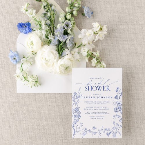 French Blue  White Victorian Floral Bridal Shower Invitation