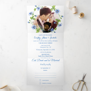 French Blue Wildflower Floral Wreath Wedding Tri-Fold Invitation