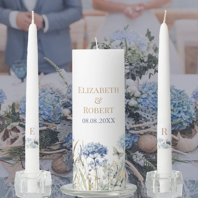 French Blue Wildflower Meadow Wedding Unity Candle Set (French Blue Wildflower Meadow Wedding Unity Candle Set on a wedding table)