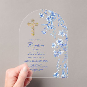 French Blue Wildflowers Arch Baptism Acrylic Invitations