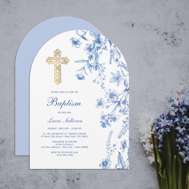 French Blue Wildflowers Arch Baptism Invitation (Creator Uploaded)