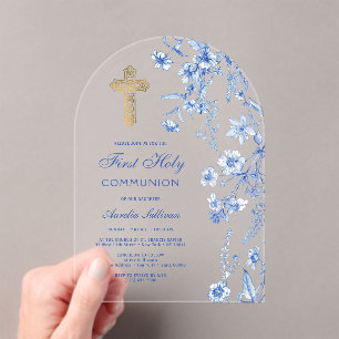 French Blue Wildflowers Arch First Communion Acrylic Invitations
