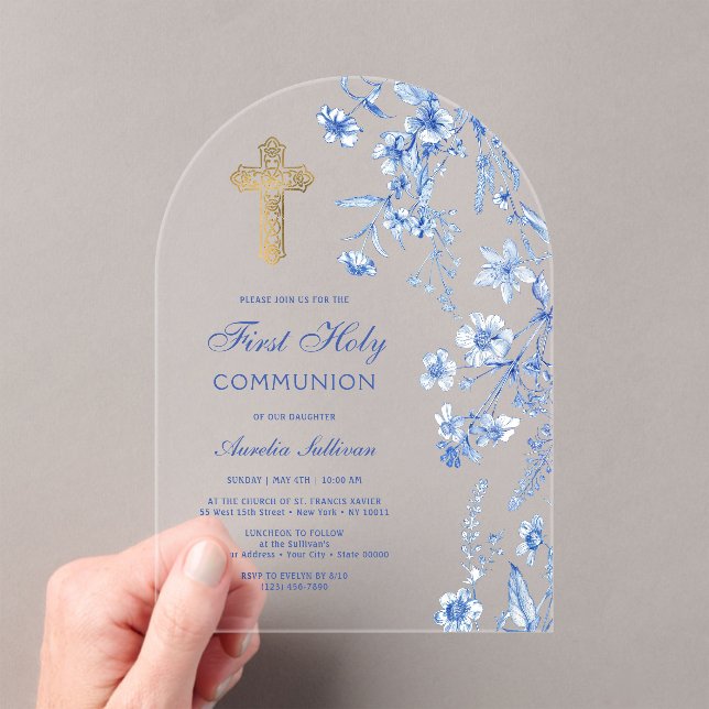 French Blue Wildflowers Arch First Communion Acrylic Invitations (Insitu (Handheld))