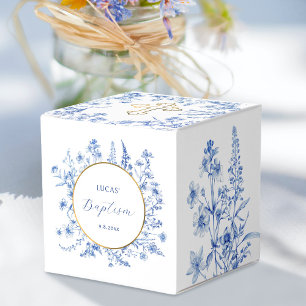 French Blue Wildflowers Baptism Cube Favor Boxes
