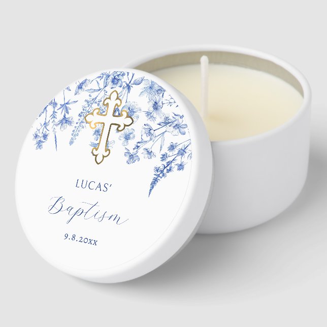 French Blue Wildflowers Baptism Mini Candle Favors (Corner)