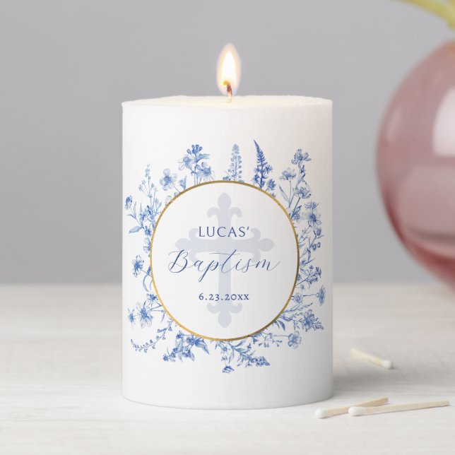 French Blue Wildflowers Circle Baptism Pillar Candle (In Situ)