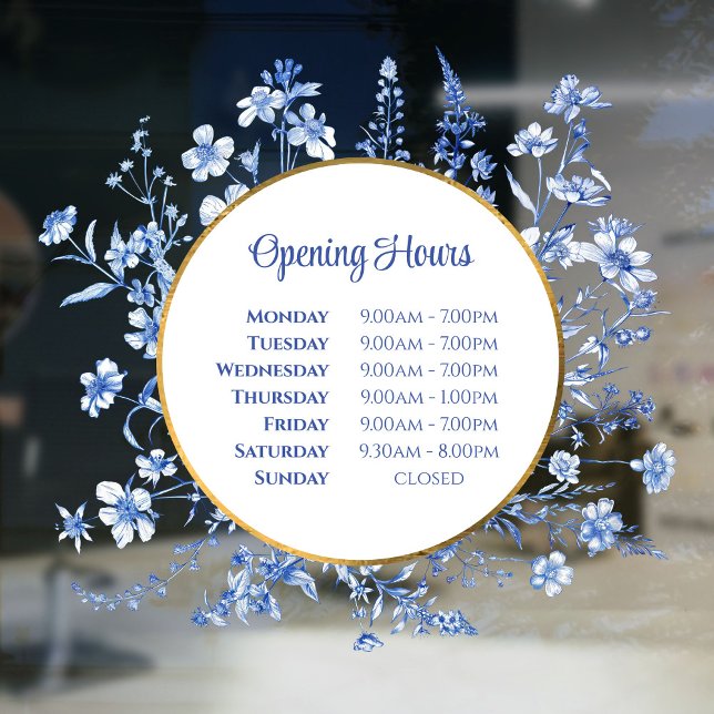 French Blue Wildflowers Circle Opening Hours Window Cling (Creator Uploaded)