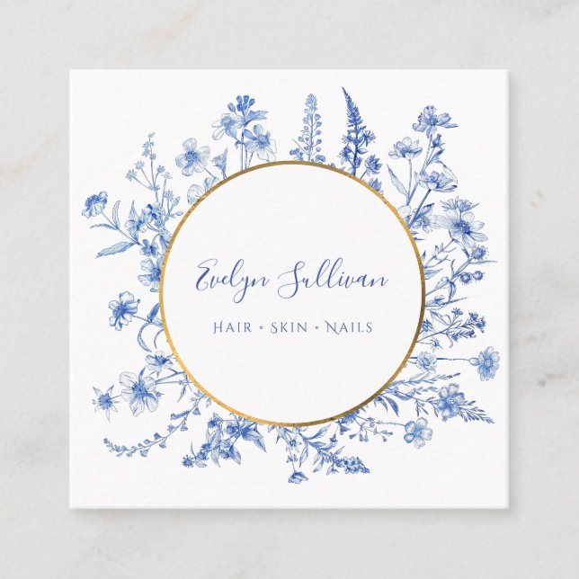 French blue wildflowers gold circle business card (Front)