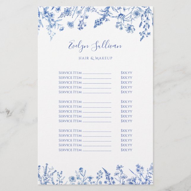 French blue wildflowers price list flyer (Front)