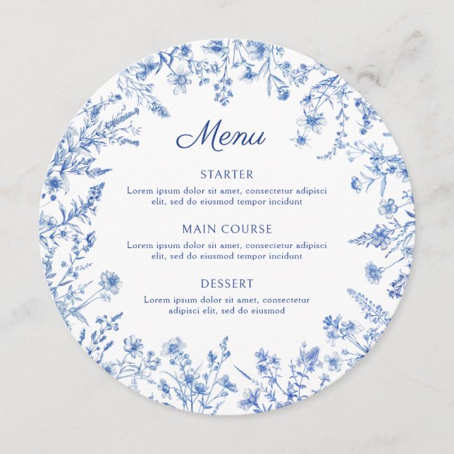 French Blue Wildflowers Round Menu (Front)