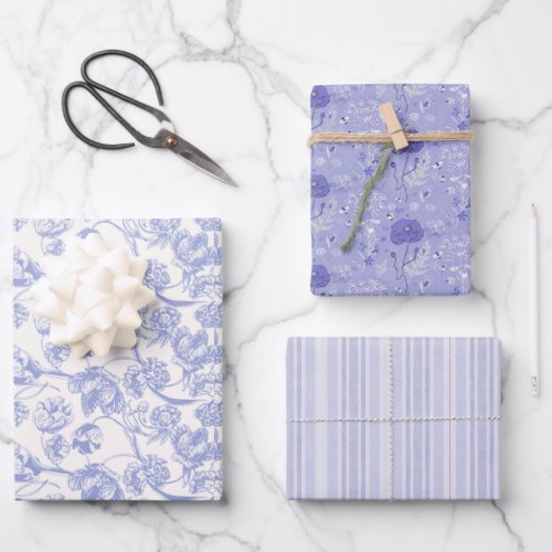 French Blue Wrapping Paper Flat Sheet Set of 3