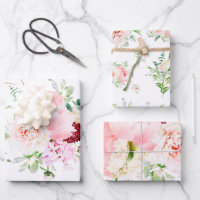 French Blush Pink and White Watercolor Floral Wrapping Paper Sheets